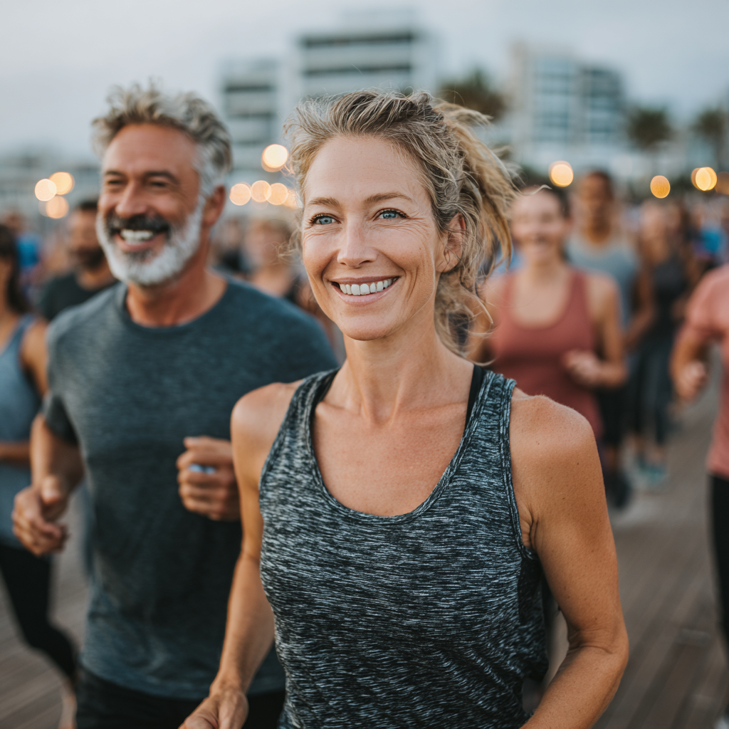Group of middle-aged adults in their 40s and 50s participating in outdoor fitness activities together, showing community and healthy lifestyle