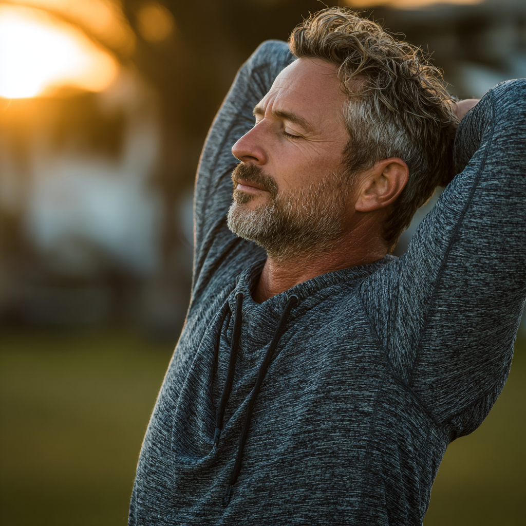 Mature man in his 40s doing stretching exercises outdoors in a park setting, showing healthy active lifestyle