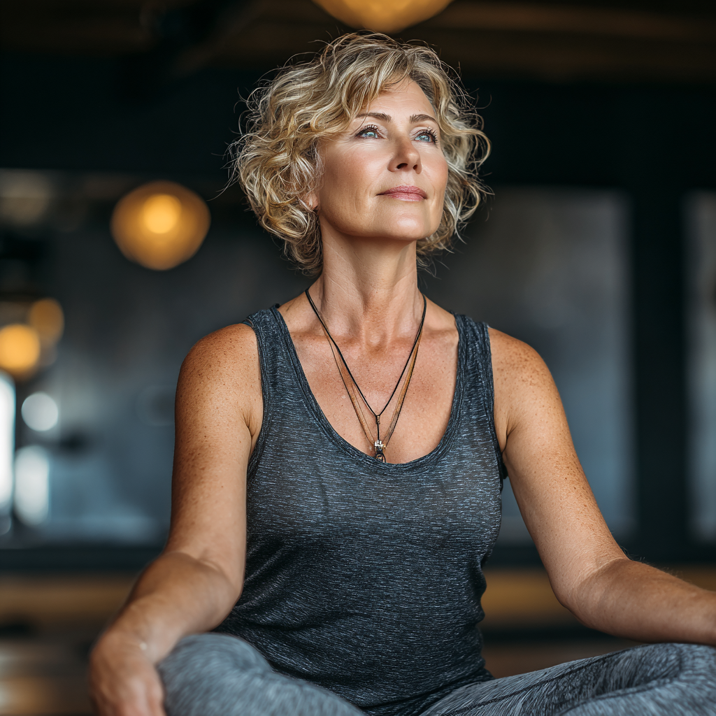 Middle-aged woman in her 50s practicing yoga stretches on a mat in a peaceful studio environment